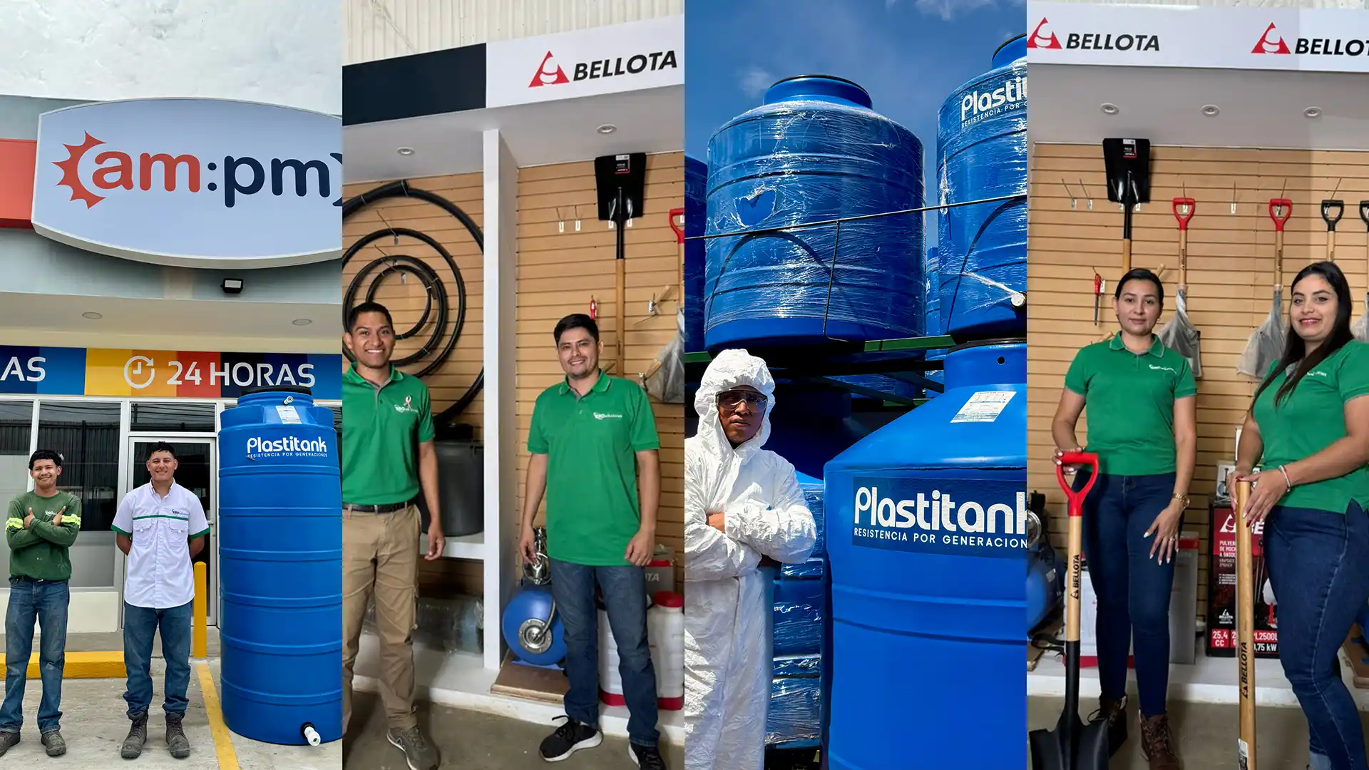Equipo de Pro Soluciones junto a tanques Plastitank en tienda