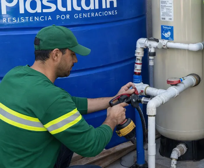 Técnico ajustando conexiones de sistema hidroneumático en tanque de agua