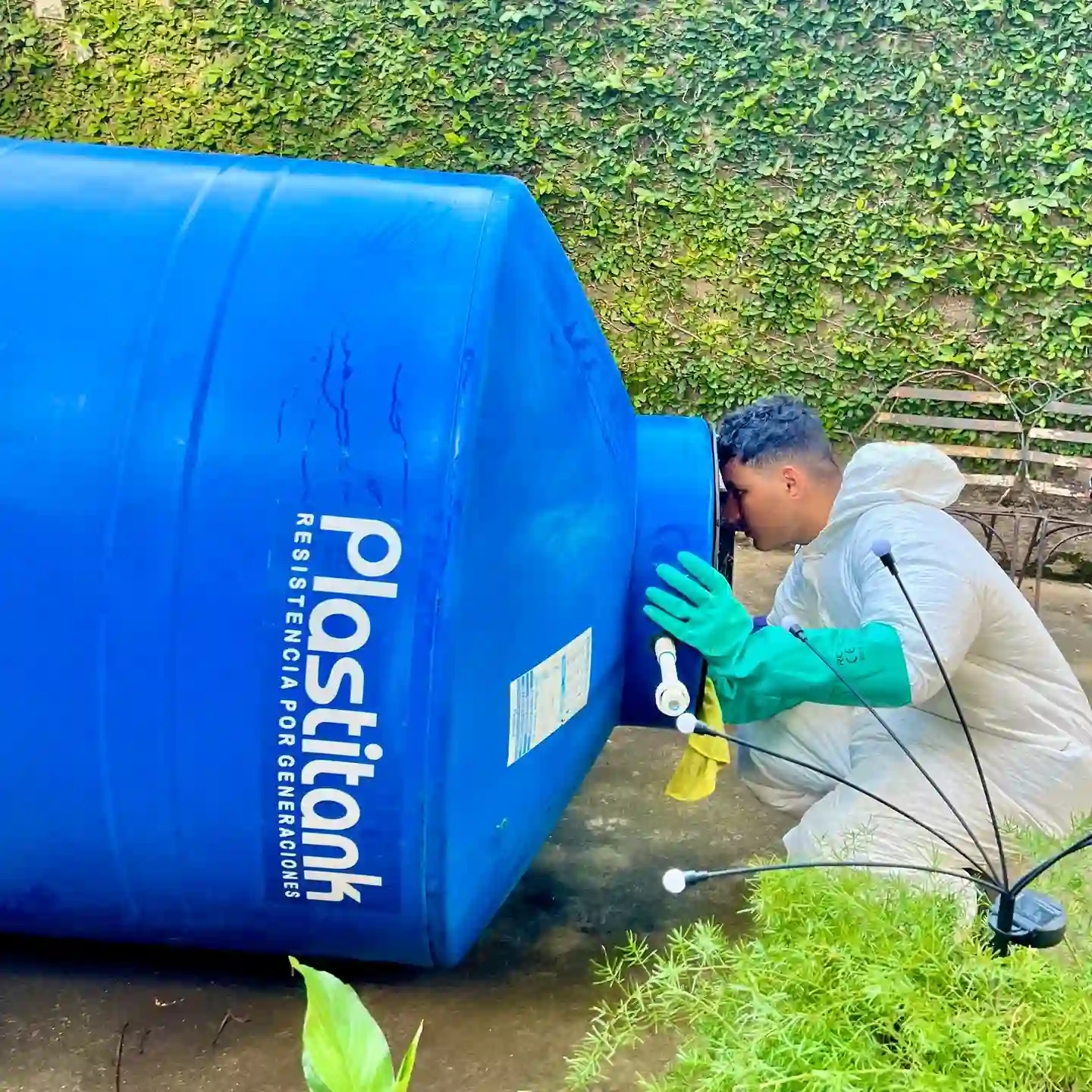 Técnico realizando revisión y mantenimiento de tanque de agua con inspección de conexiones