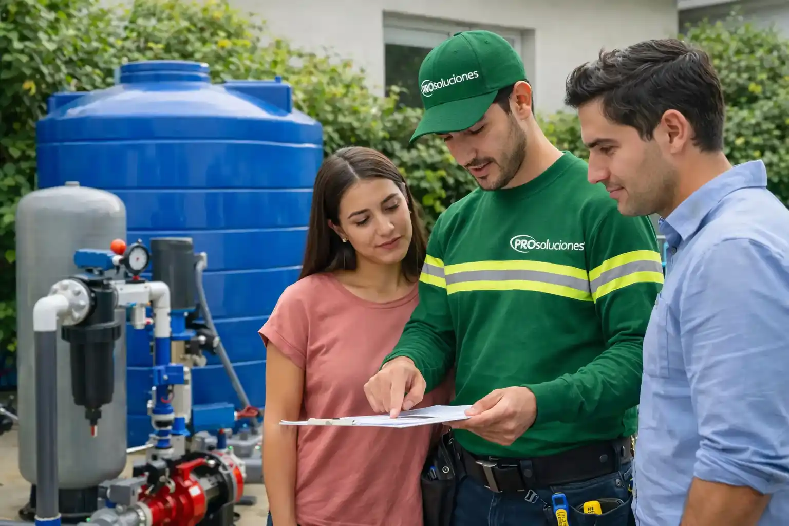 Técnico de Pro Soluciones asesorando a clientes sobre sistema de tanque de agua y filtración