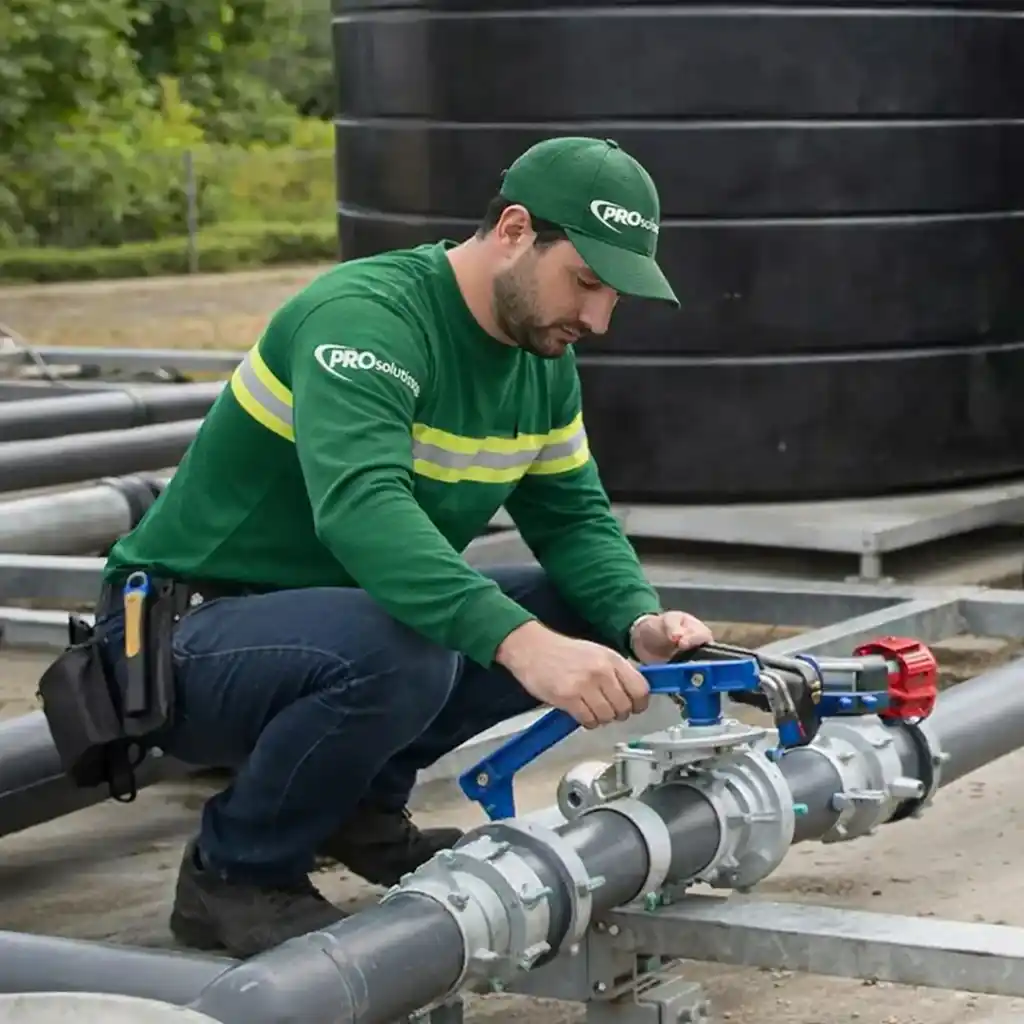 Técnico de Pro Soluciones instalando válvula en sistema de tuberías de agua