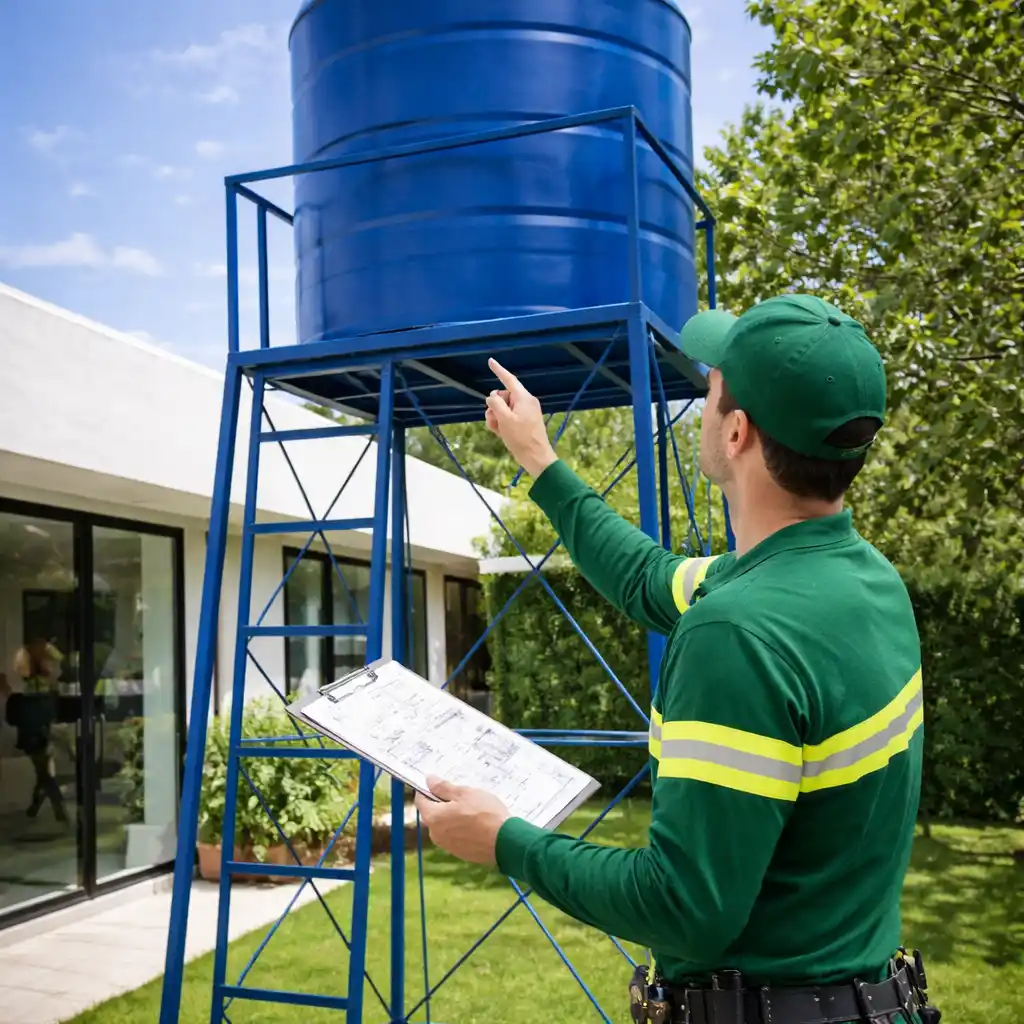 Instalación de tanque de agua elevado por gravedad en vivienda con sistema de almacenamiento