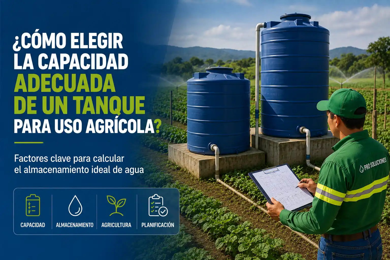 Técnico evaluando diferentes capacidades de tanques de agua para uso agrícola en una finca con sistema de riego