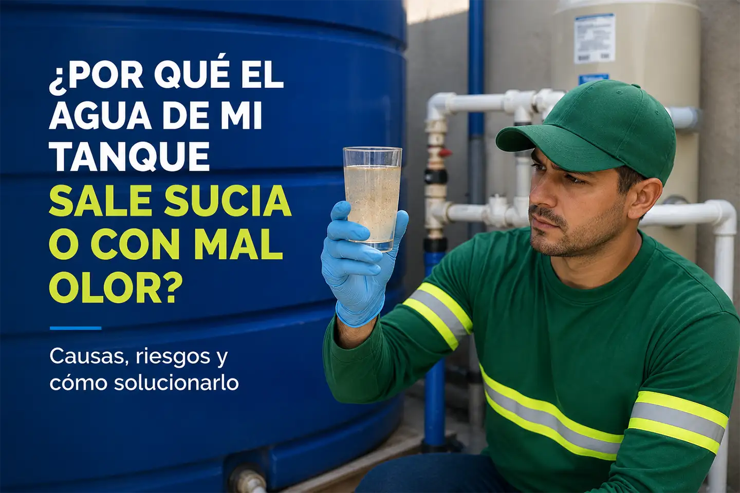 Técnico inspeccionando agua contaminada frente a tanque de agua azul para detectar problemas de mal olor y suciedad