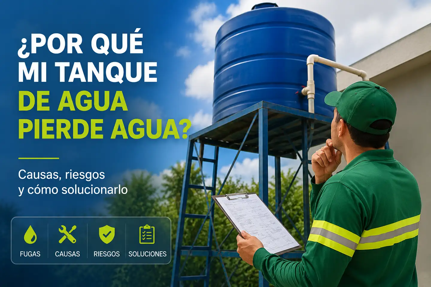 Técnico inspeccionando tanque de agua elevado con posibles fugas y problemas en el sistema de almacenamiento