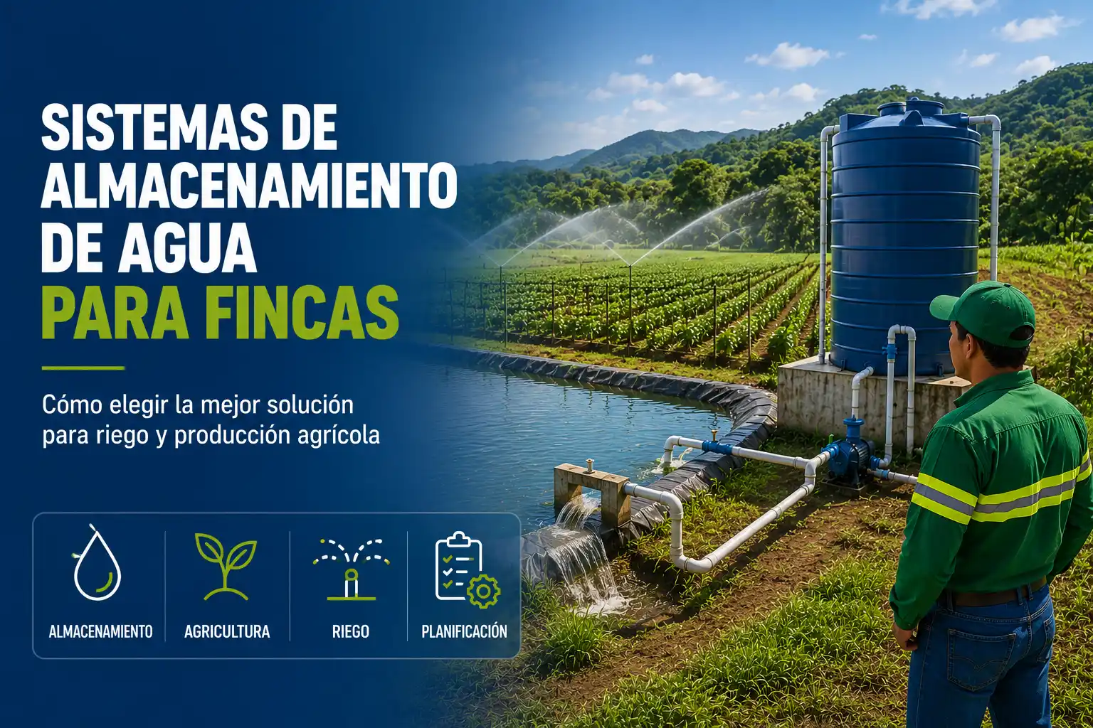 Sistema de almacenamiento de agua para finca con tanque, reservorio y sistema de riego agrícola