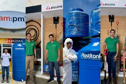 Equipo de Pro Soluciones junto a tanques Plastitank en tienda