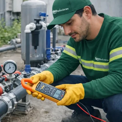 Técnico de Pro Soluciones midiendo presión en sistema de tuberías de agua