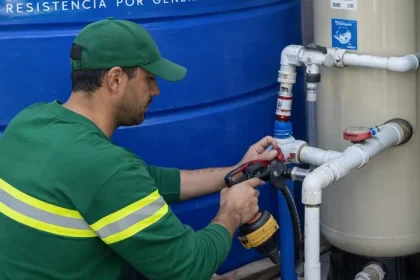 Técnico ajustando conexiones de sistema hidroneumático en tanque de agua