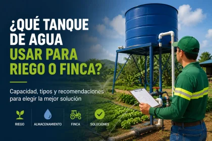 Técnico inspeccionando tanque de agua para riego agrícola y abastecimiento de finca