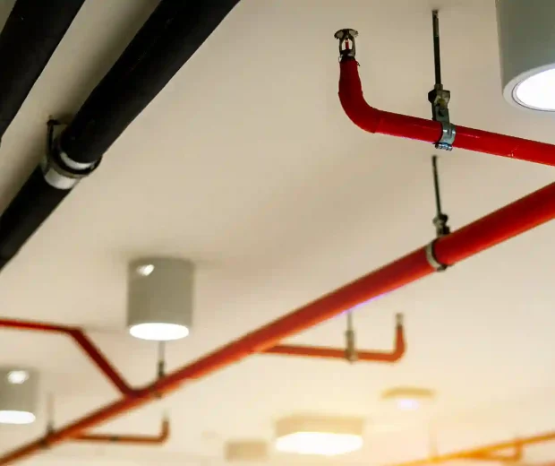 Sistema contra incendio con tuberías rojas presurizadas instaladas en infraestructura industrial